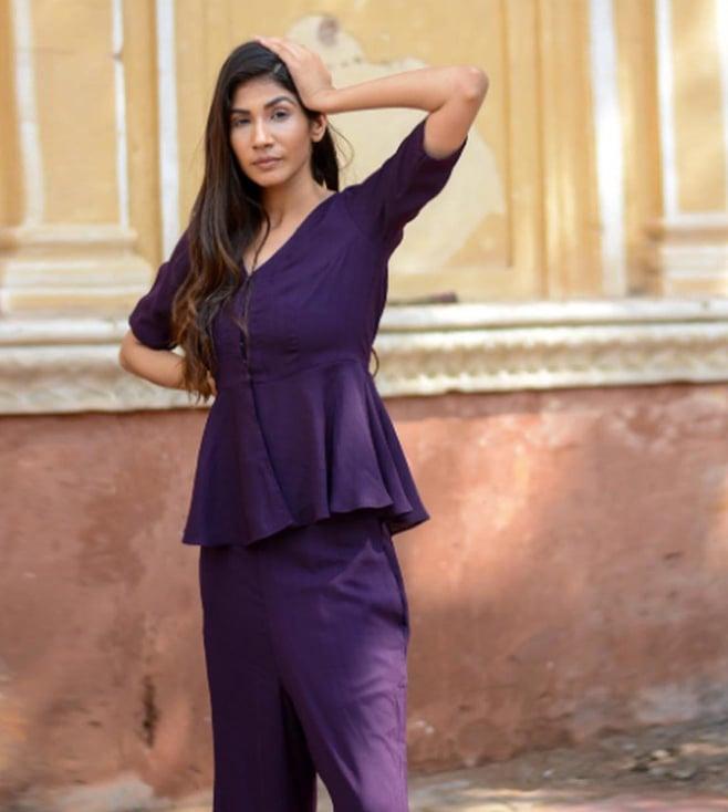 moh purple solid eggplant peplum top with pants