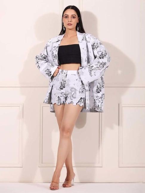 moh white tales of jaipur top with blazer and shorts