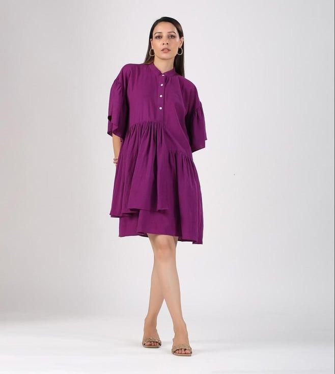 moh women purple solid linen dresses