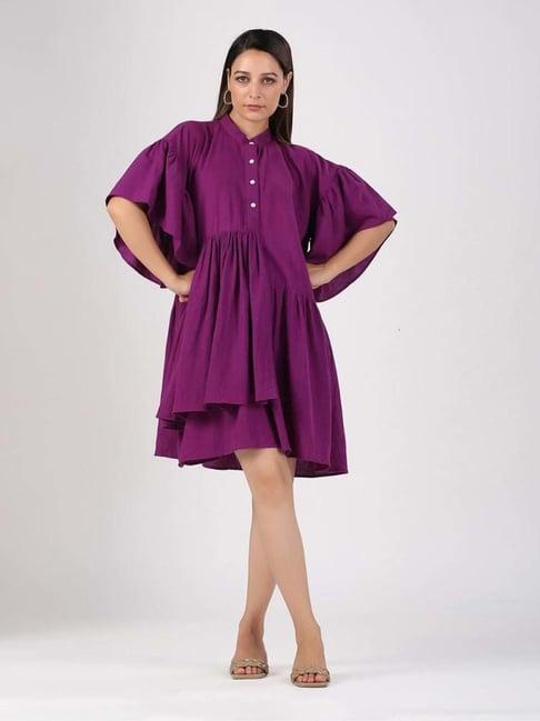 moh women purple solid linen dresses