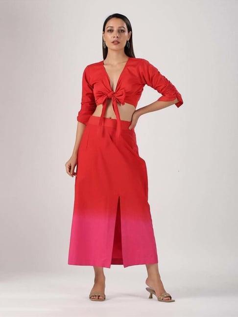 moh women red solid cotton co ord set