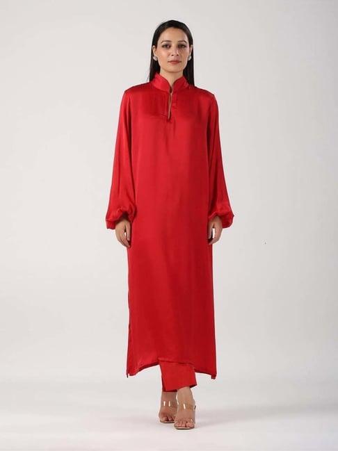 moh women red solid satin kurta set