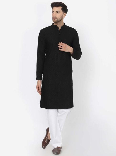 mohanlal sons black & white regular fit embroidered kurta & pyjamas set