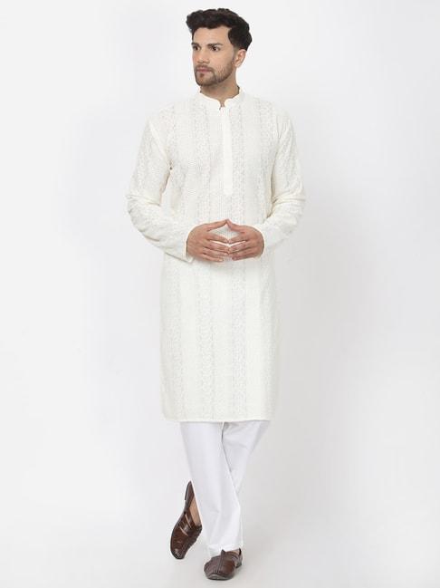 mohanlal sons cream & white regular fit embroidered kurta & pyjamas set