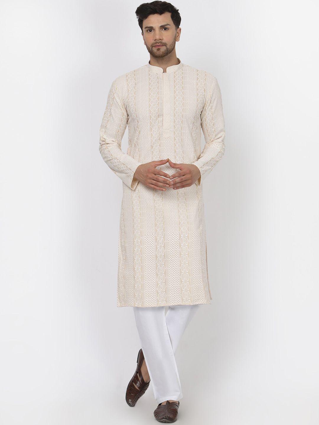 mohanlal sons ethnic motif embroidered mandarin collar pure cotton kurta with pyjamas
