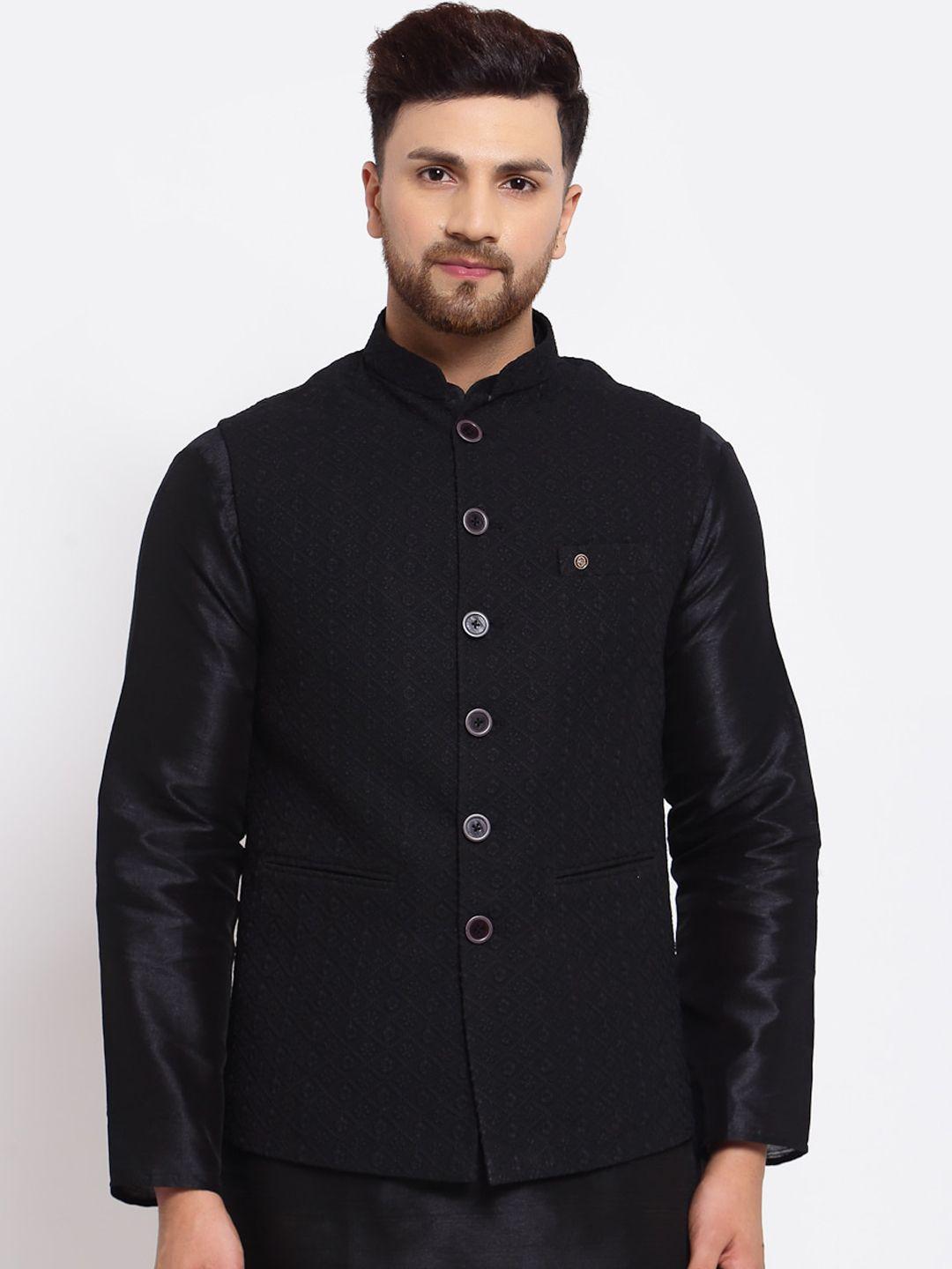 mohanlal sons mandarin collar floral pattern woven georgette slim-fit nehru jacket