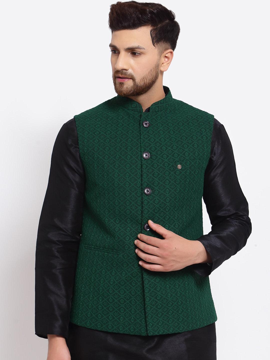 mohanlal sons mandarin collar woven floral pattern georgette slim-fit nehru jacket