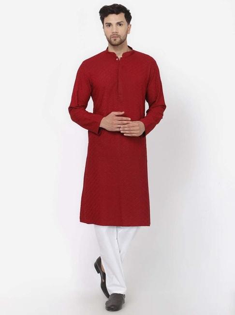 mohanlal sons maroon & white regular fit embroidered kurta & pyjamas set