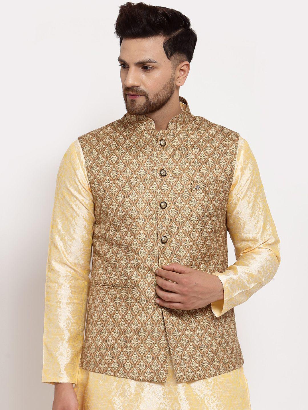 mohanlal sons men brown & beige printed woven nehru jacket