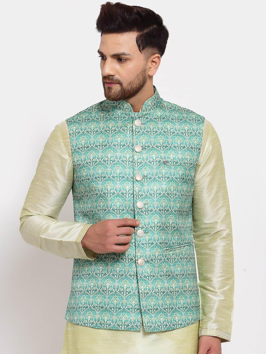 mohanlal sons men green & blue printed woven nehru jacket