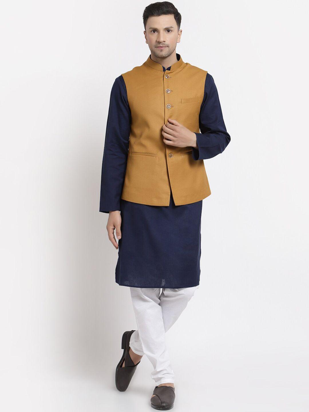 mohanlal sons men navy blue pure cotton kurta with churidar with nehru jacket