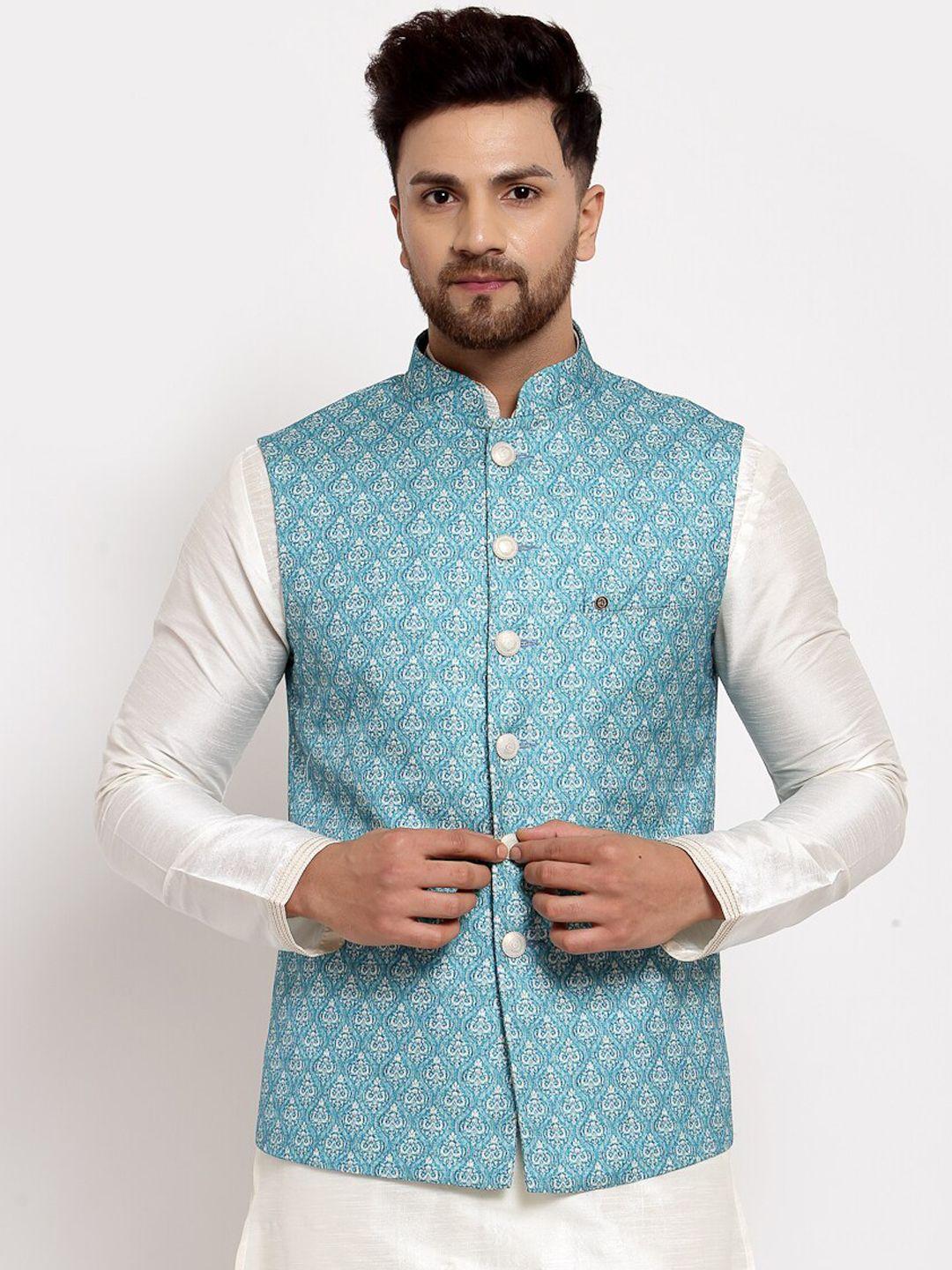 mohanlal sons men sky blue printed art silk nehru jacket