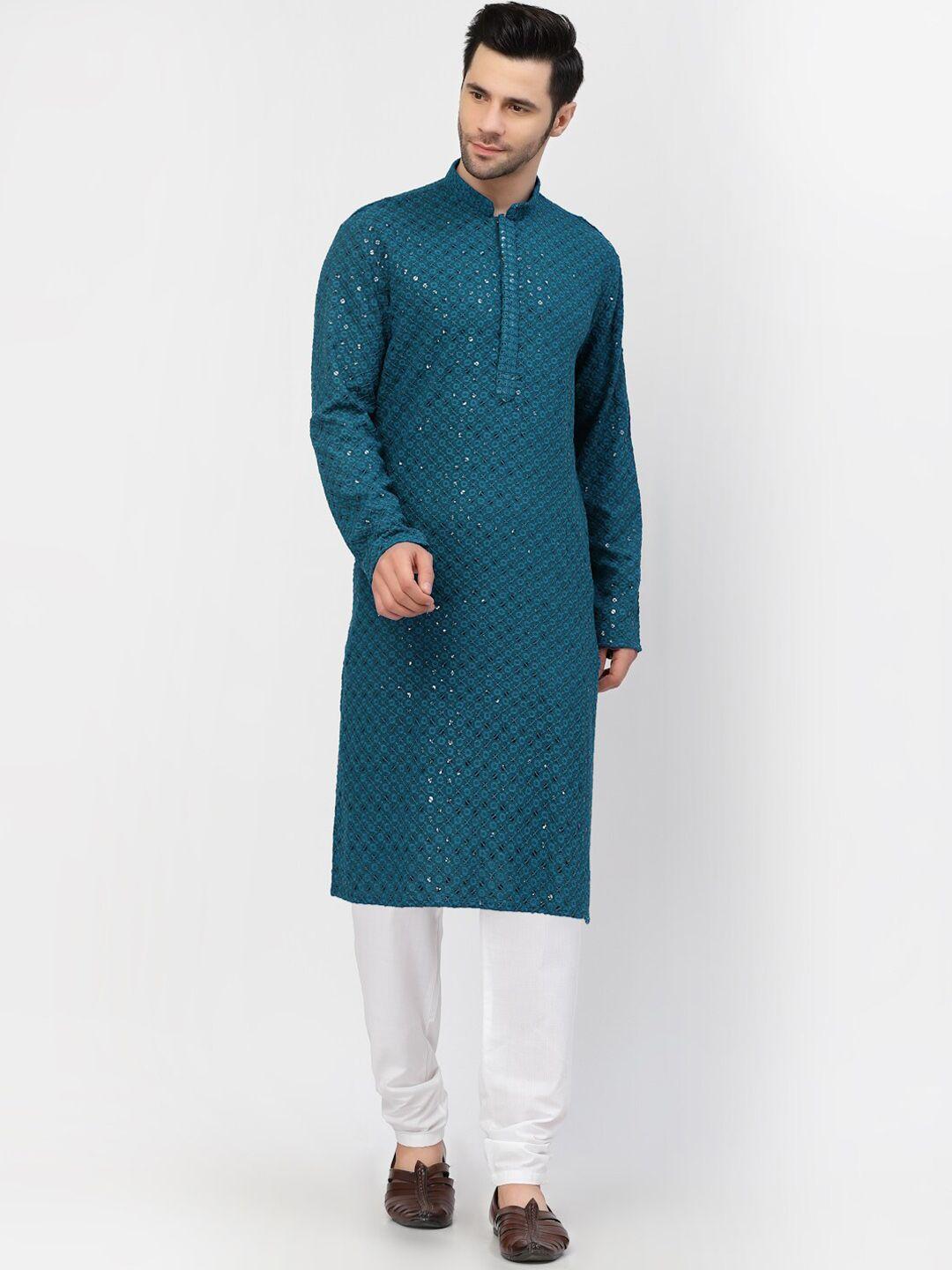 mohanlal sons men teal ethnic motifs embroidered sequinned pure cotton kurta with churidar