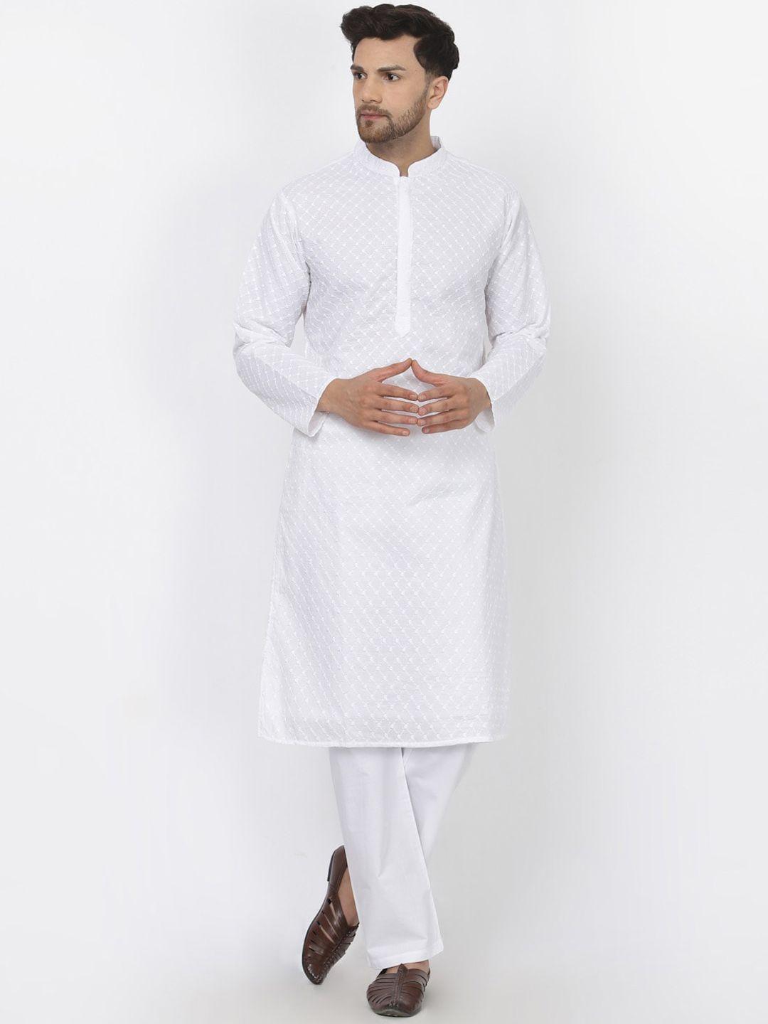 mohanlal sons men white embroidered regular pure cotton kurta with pyjamas