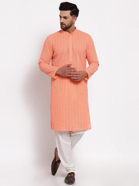 mohanlal sons peach & white regular fit embroidered kurta bottom set