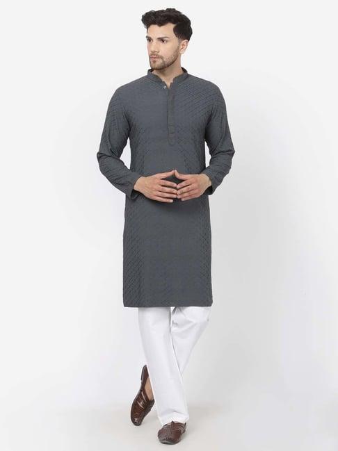 mohanlal sons dark grey & white regular fit embroidered kurta & pyjamas set