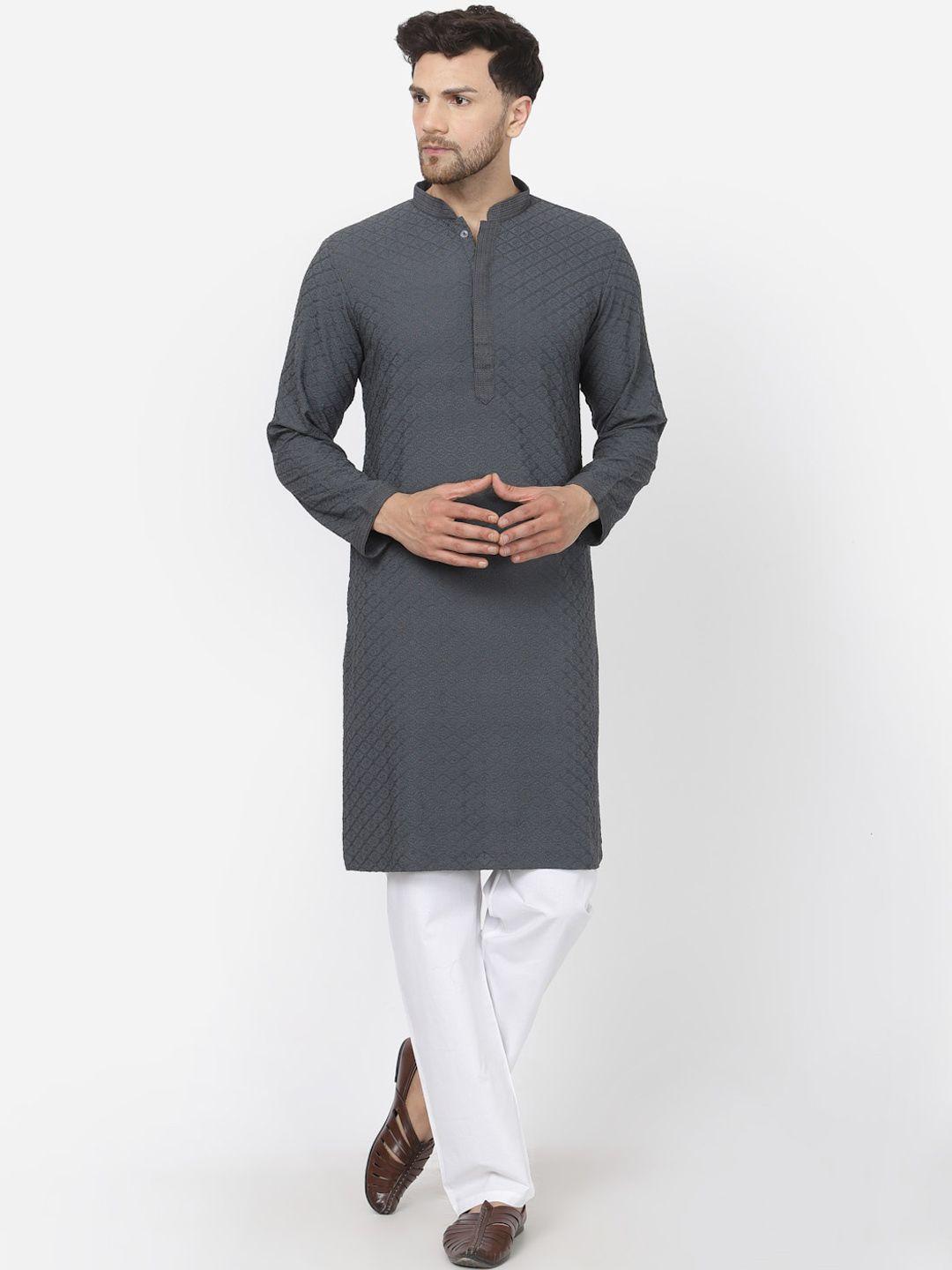 mohanlal sons embroidered mandarin collar regular pure cotton kurta with pyjamas