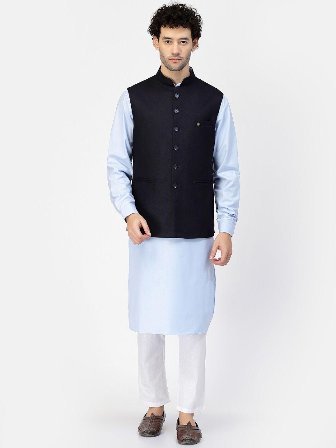 mohanlal sons mandarin collar cuffed sleeves pure cotton kurta with pyjamas & nehru jacket