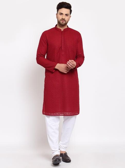 mohanlal sons maroon & white regular fit embroidered kurta bottom set