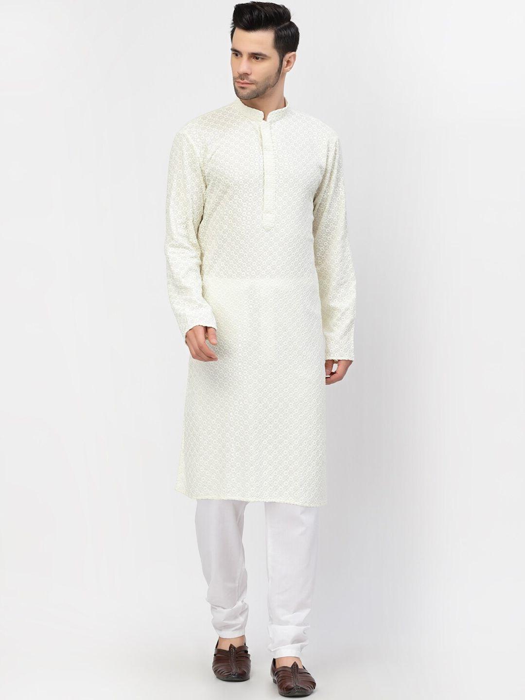 mohanlal sons men cream embroidered pure cotton kurta with pyjamas