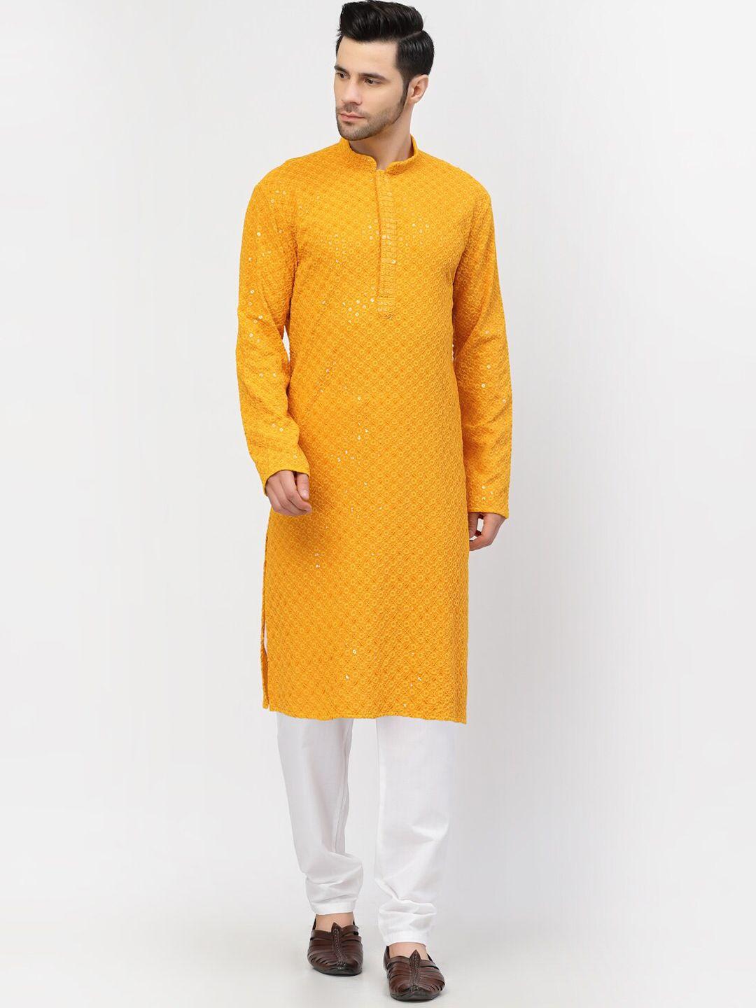mohanlal sons men mustard yellow ethnic motifs printed sequinned pure cotton kurta with churidar