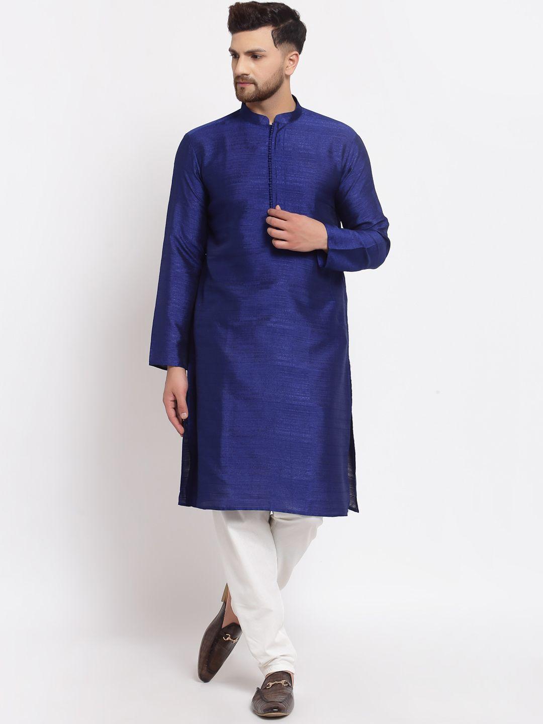 mohanlal sons men navy blue solid mandarin collar dupion silk straight kurta