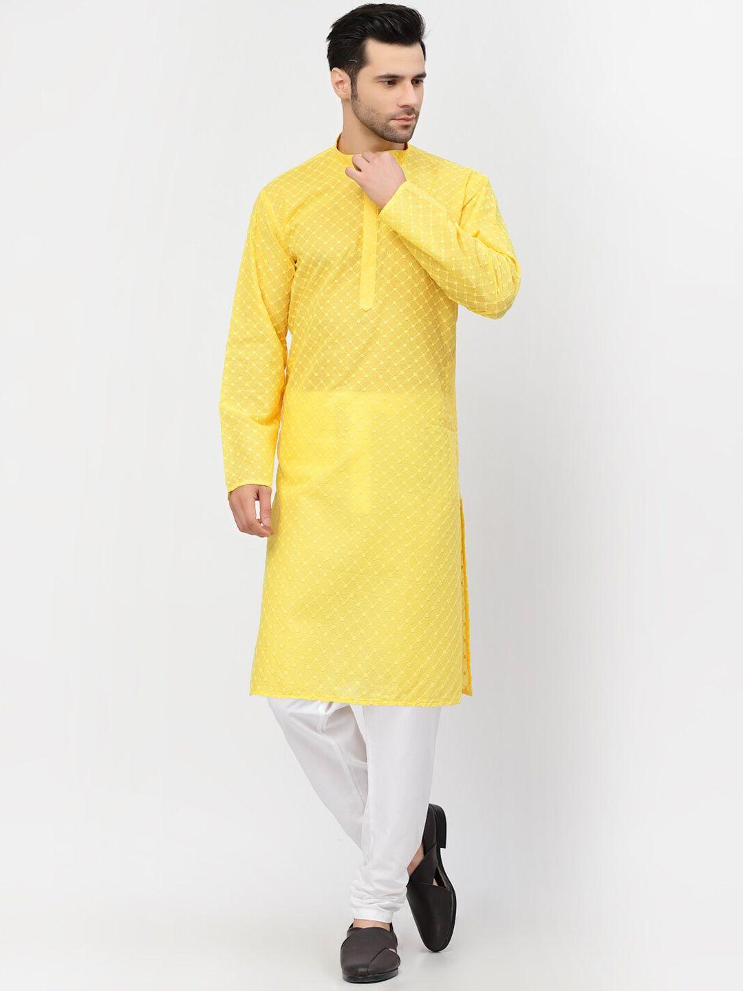 mohanlal sons men yellow printed pure cotton kurta with churidar