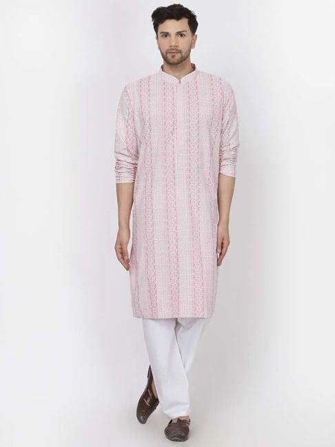 mohanlal sons pink & white regular fit embroidered kurta & pyjamas set