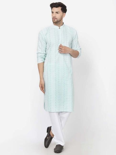 mohanlal sons pista green & white regular fit embroidered kurta & pyjamas set