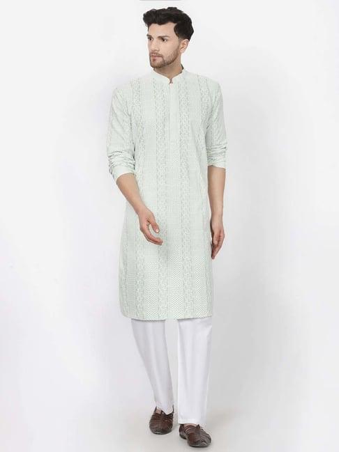 mohanlal sons sea green & white regular fit embroidered kurta & pyjamas set
