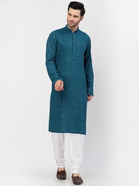 mohanlal sons turquoise blue regular fit jacquard kurta with churidar set