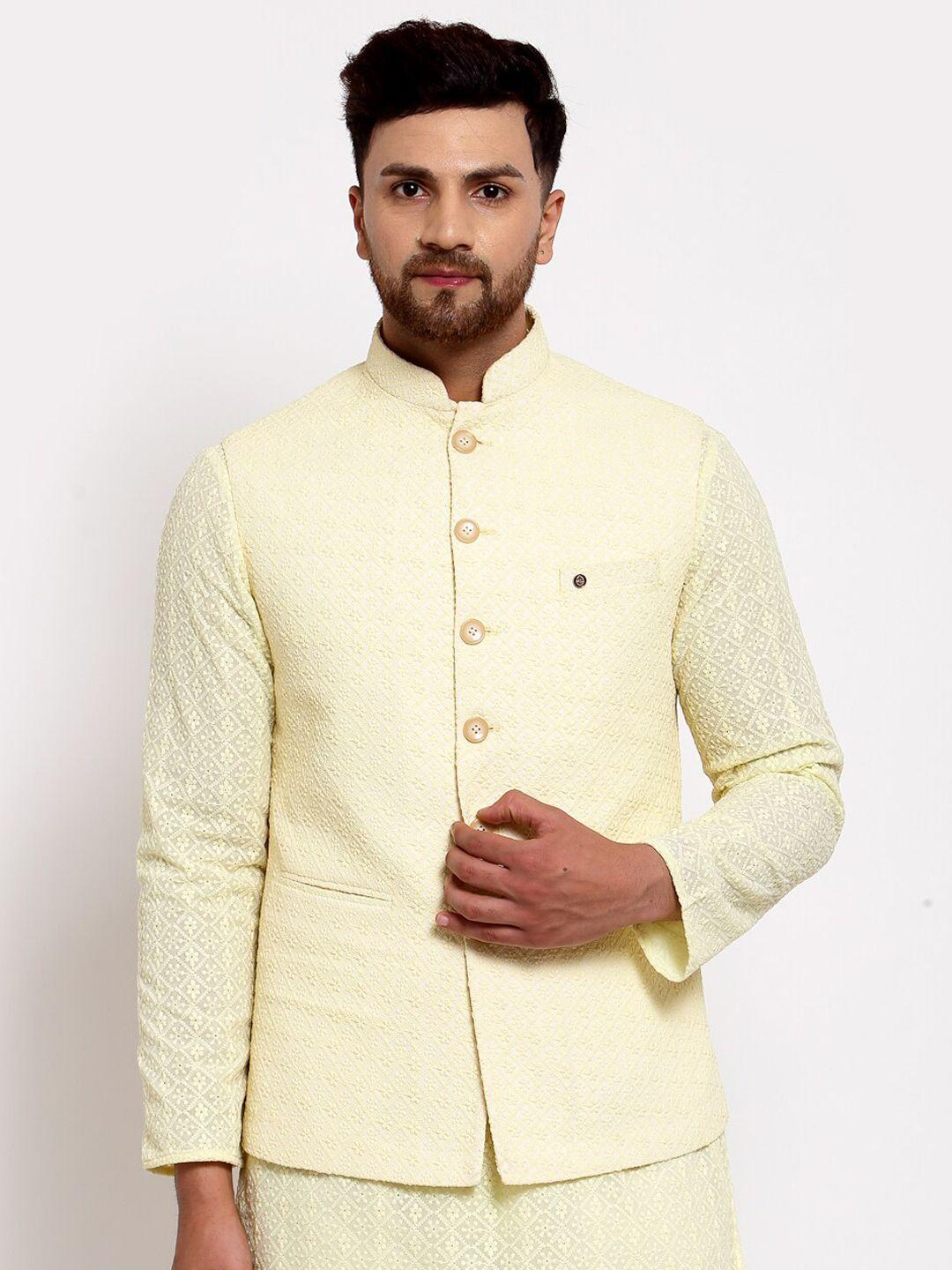 mohanlal sons woven floral pattern georgette slim-fit nehru jacket