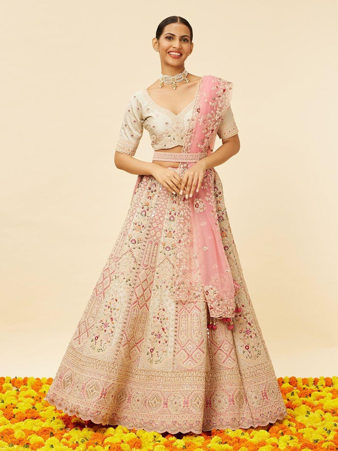 mohey embroidered art silk semi-stitched lehenga & unstitched blouse with dupatta