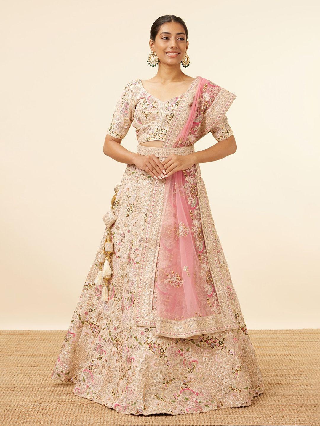 mohey embroidered sequinned semi-stitched lehenga & unstitched blouse with dupatta