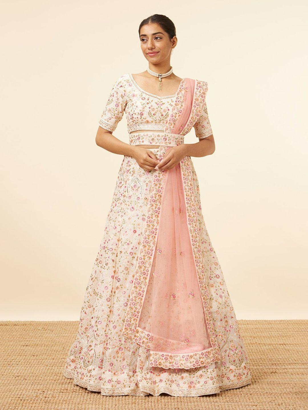 mohey embroidered thread work semi-stitched lehenga & unstitched blouse with dupatta