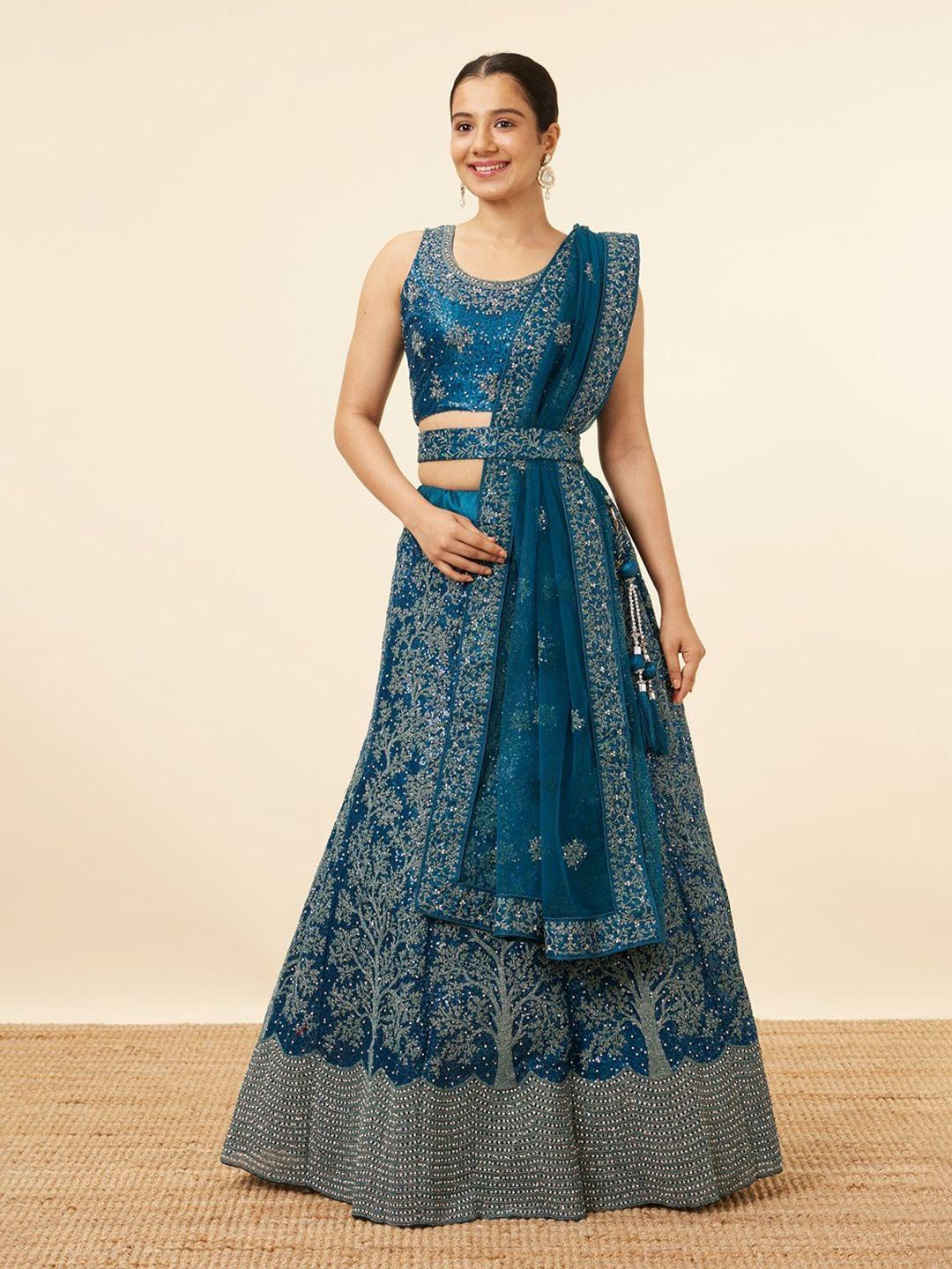mohey embroidered thread work semi-stitched lehenga & unstitched blouse with dupatta