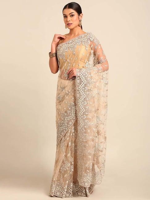 mohey beige embroidered saree with unstitched blouse