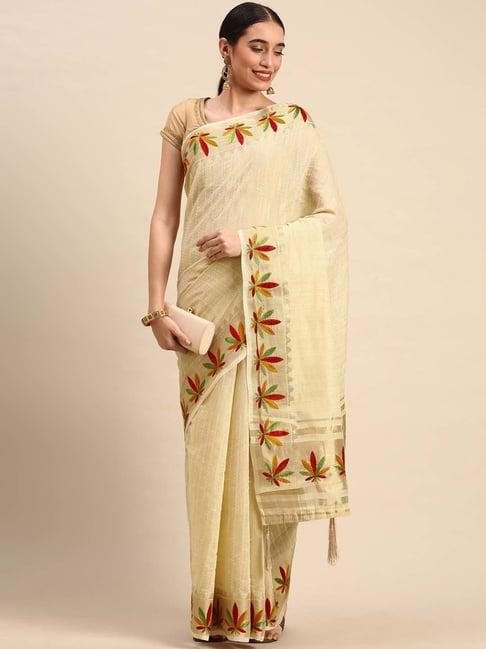 mohey beige embroidered saree with unstitched blouse