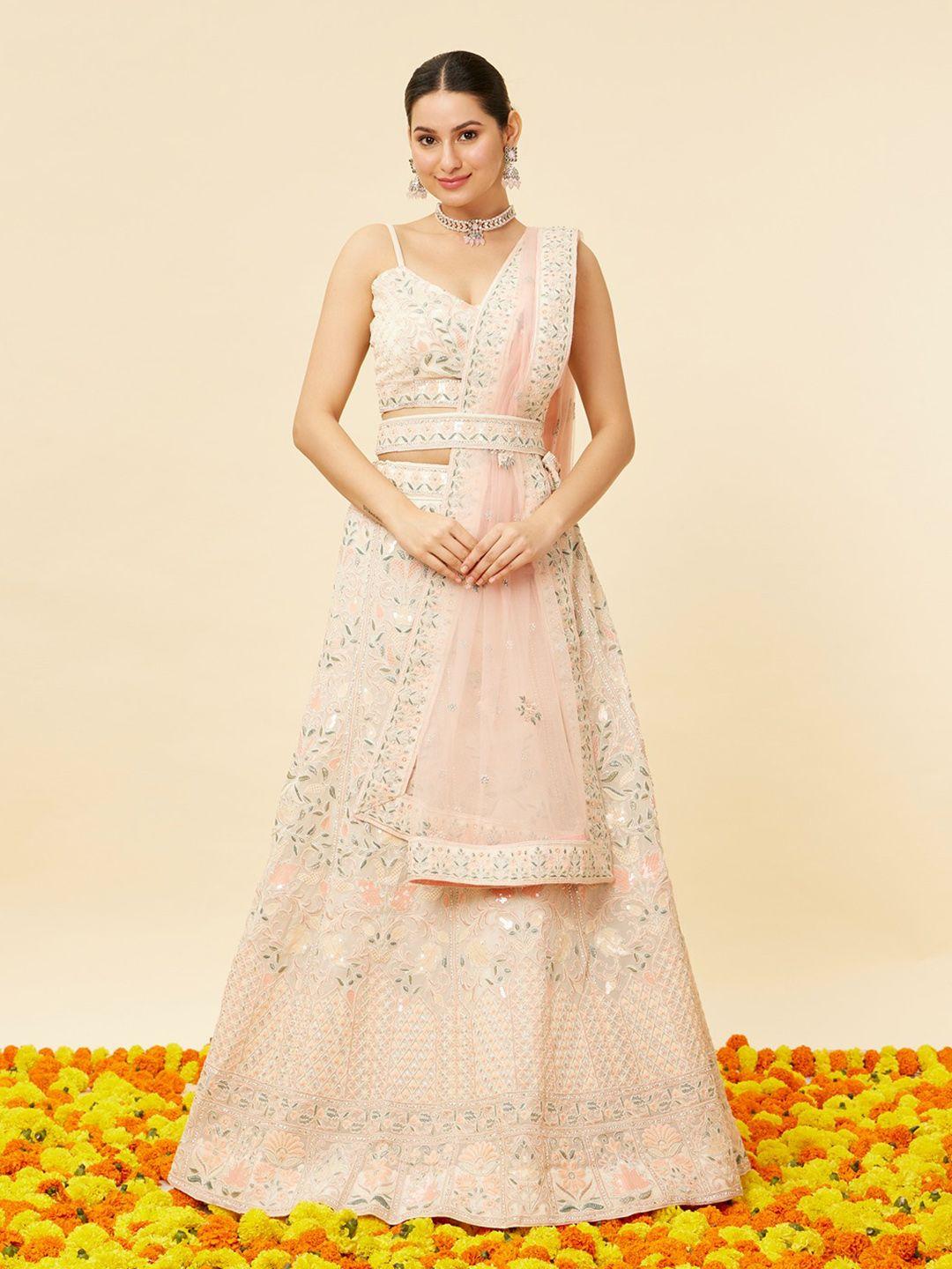 mohey embroidered mirror work semi-stitched lehenga & unstitched blouse with dupatta