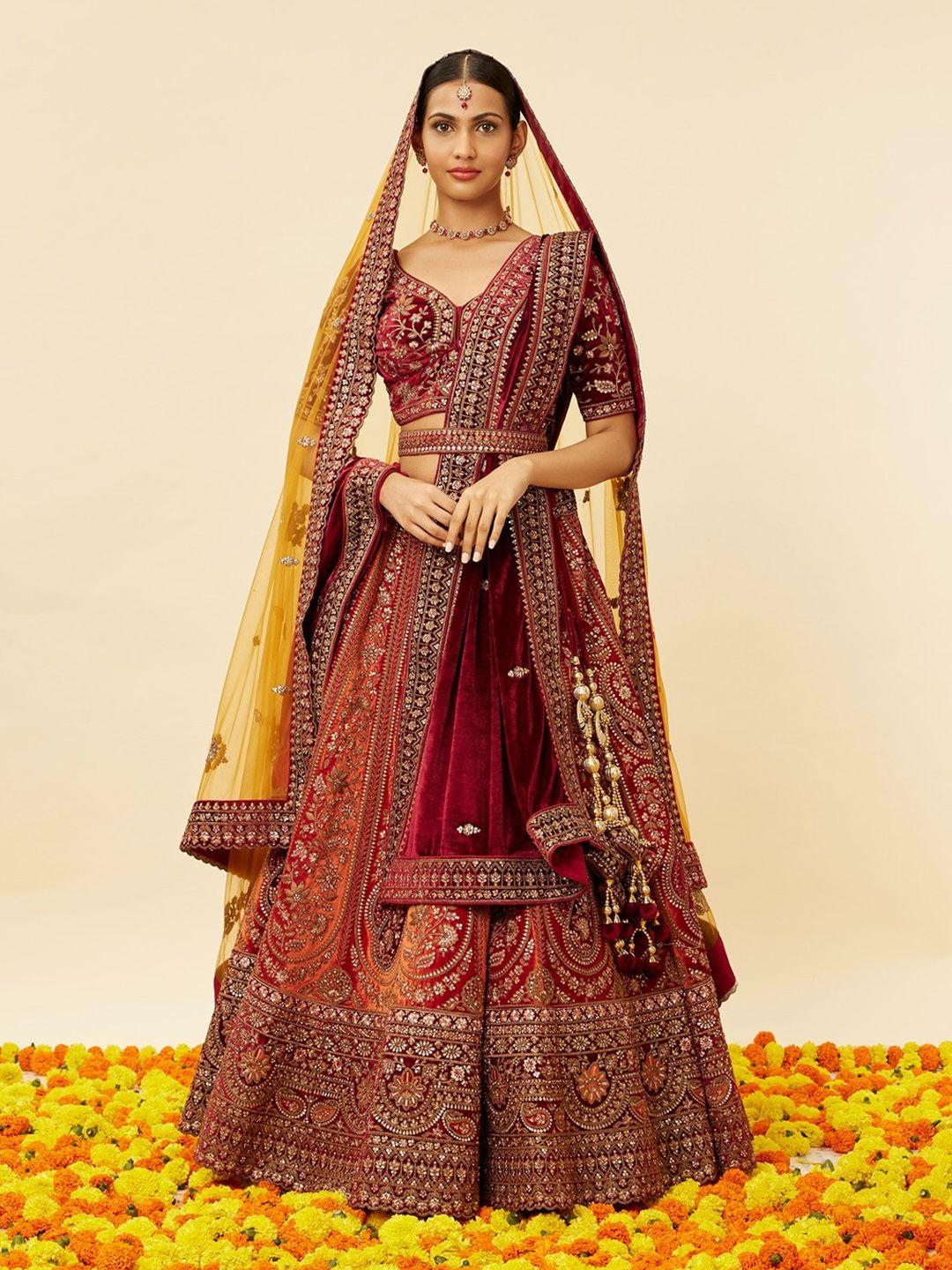 mohey embroidered sequinned velvet semi-stitched lehenga & unstitched blouse with dupatta