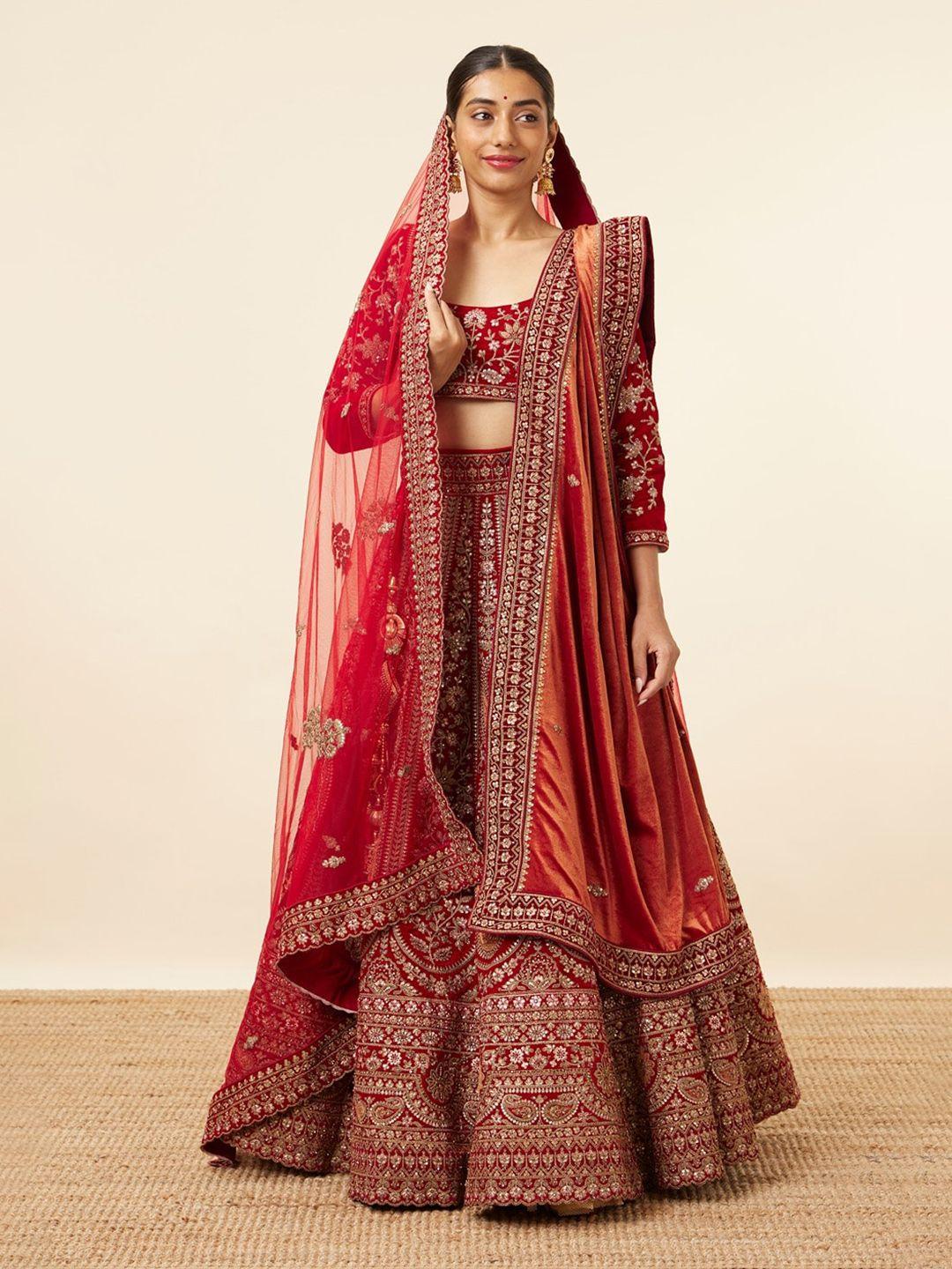 mohey embroidered velvet semi-stitched lehenga & unstitched blouse with dupatta & belt