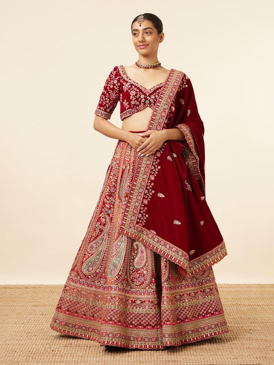 mohey embroidered velvet sequinned semi-stitched lehenga & unstitched blouse with dupatta