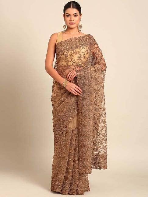 mohey fawn beige embroidered saree with unstitched blouse