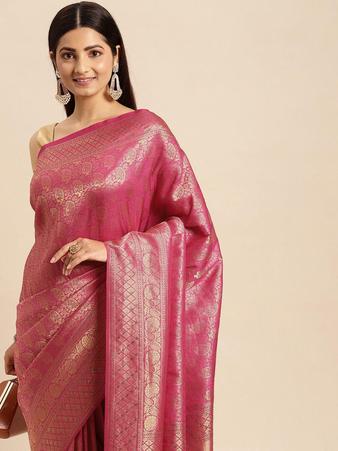 mohey fuchsia & gold-toned paisley woven design art silk saree