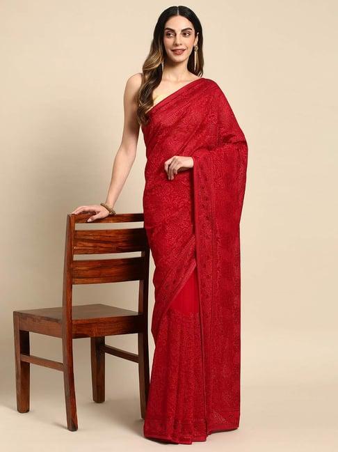 mohey red embroidered saree with unstitched blouse