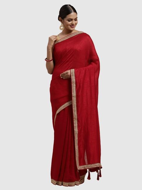 mohey red silk embroidered saree with unstitched blouse