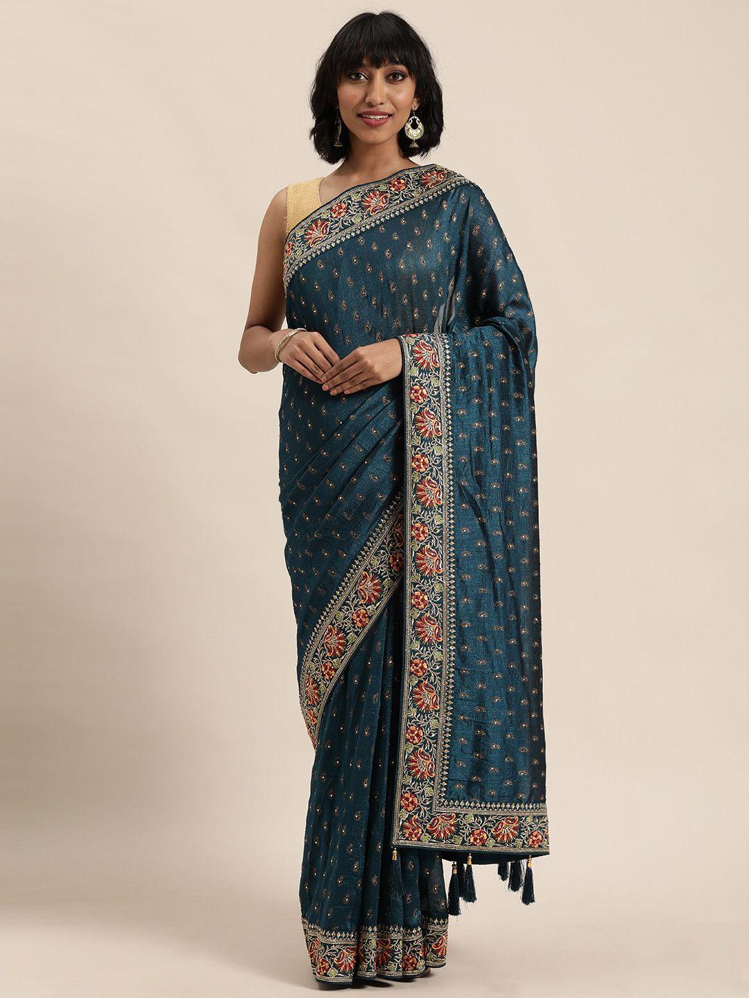 mohey teal blue machine embroidered silk blend saree