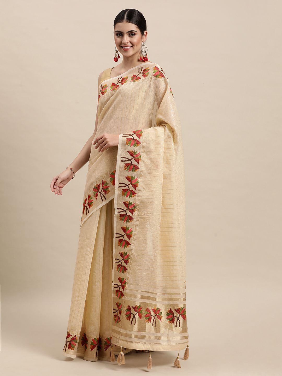 mohey women cream-coloured striped saree