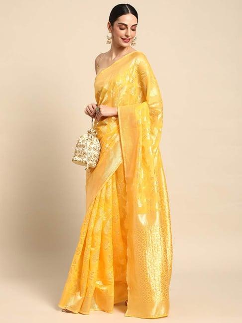 mohey yellow woven saree with unstitched blouse