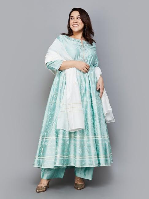 moiree by lifestyle aqua blue & white floral print kurta with palazzos & dupatta